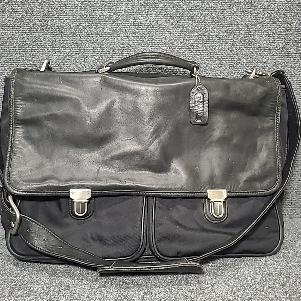 Vtg COACH Black Leather/ Nylon‎ Men's Briefcase Messenger Bag